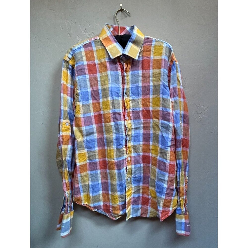 Inserch Uomo Men Button Up Linen Plaid Shirt Large Long Sleeve Preppy Multicolor